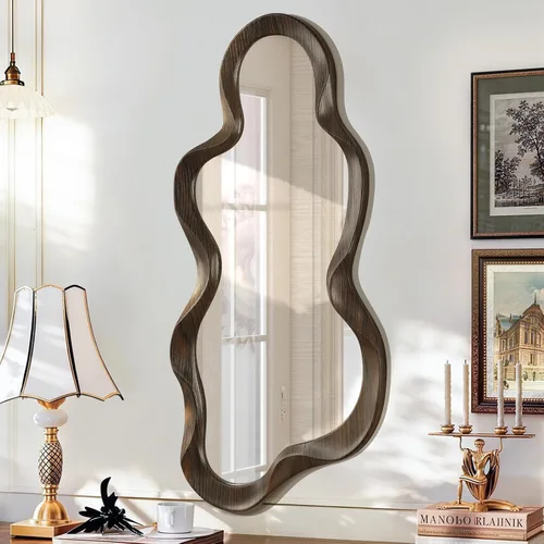 Vista 17 de Espejo asimétrico para decoración de pared, grande, moderno, ondulado, con marco de madera, espejo de pared con forma única montado en pared