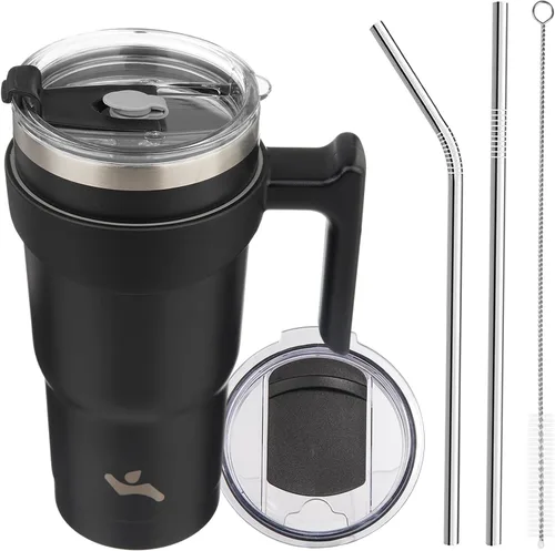 Vista 27 de Konokyo - Vaso de 10 onzas con asa y 2 popotes, 2 tapas, botella de agua aislada de acero inoxidable, taza de viaje reutilizable, color verde militar