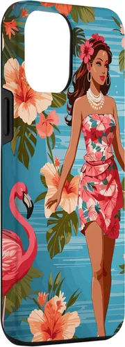 Vista 3 de iPhone 12 Pro Max Vintage Tiki Design - Funda hawaiana retro de flores hula y flamencos