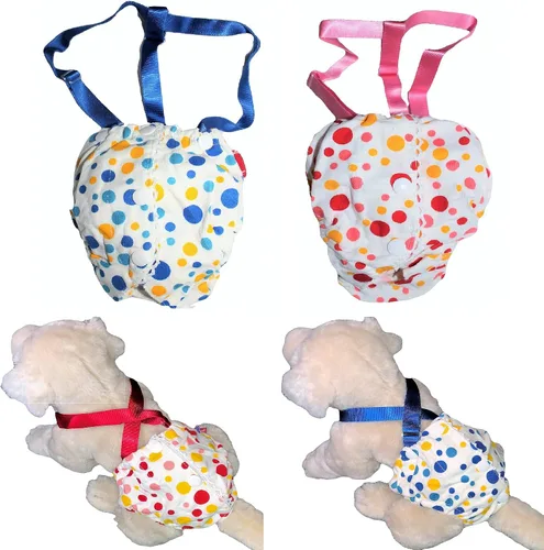 Vista 6 de Pañal para perro hembra con tirantes de algodón, reutilizable, lavable, para razas de perros pequeñas (azul, pequeño: cintura de 10 a 13 pulgadas)