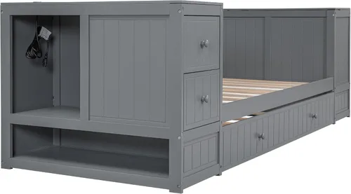 Vista 5 de Merax - Sofá cama de tamaño individual con nido, brazos de almacenamiento y estación de carga, marco de cama de madera gris para dormitorio