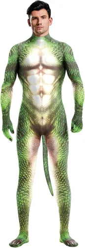 Vista 24 de Disfraz de animal para hombre con estampado de cola grande, overol peludo de elastano para cosplay, fiesta de Halloween