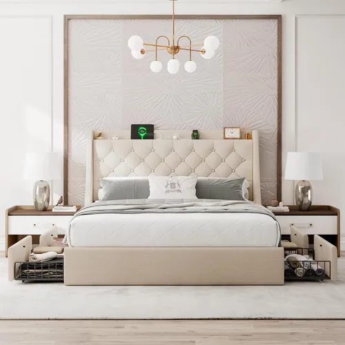 Vista 3 de Einhomn Base de cama tapizada de tamaño completo con 4 cajones de almacenamiento, cama de plataforma con cabecera con respaldo de ala, estación