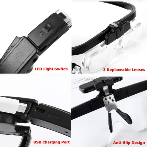 Vista 3 de Lupa con luz LED para trabajo cercano, lupa de cabeza recargable por USB, manos libres para pintura de punto de cruz, costura, manualidades