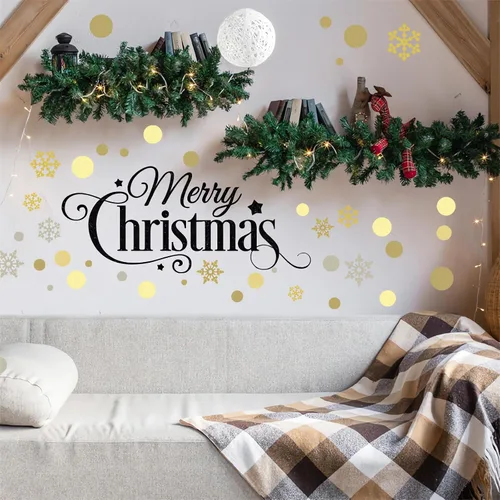 Vista 2 de Calcomanías de pared de copos de nieve de lunares dorados, marrones y grises, vinilo extraíble para decoración de Navidad, sala de estar