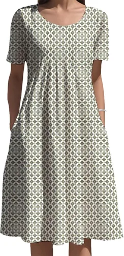 Vista 12 de Vestidos bohemios para mujer, estampado floral, manga corta, cuello redondo, talla grande, vestido de vacaciones con bolsillos para verano 2025