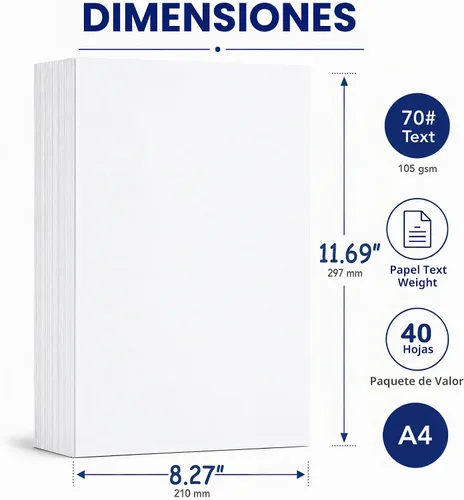 Vista 2 de Papel para impresora A4 premium (8.3" x 11.7") - Bond de 28 lb / Texto de 70 lb (105 gsm) - Papel blanco brillante (40 hojas)