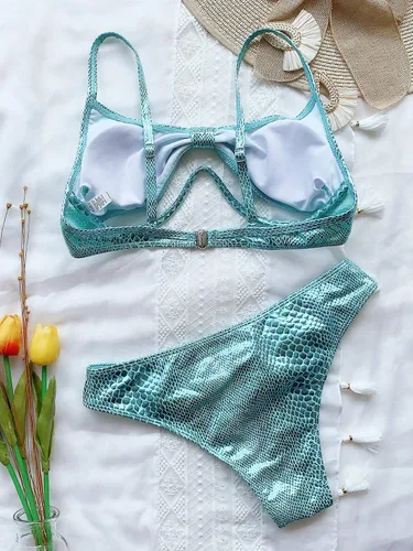 Vista 5 de FCYYUETY Sexy Cuello Redondo Correas Corte Alto Bandeau Bikini Piel de Serpiente Líquido Metálico Tanga Traje de baño