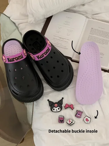 Vista 7 de Zapatos kawaii Kuromi pantuflas para mujer, lindos zuecos de jardín, de dibujos animados, para interiores, exteriores, sandalias de nube para niñas