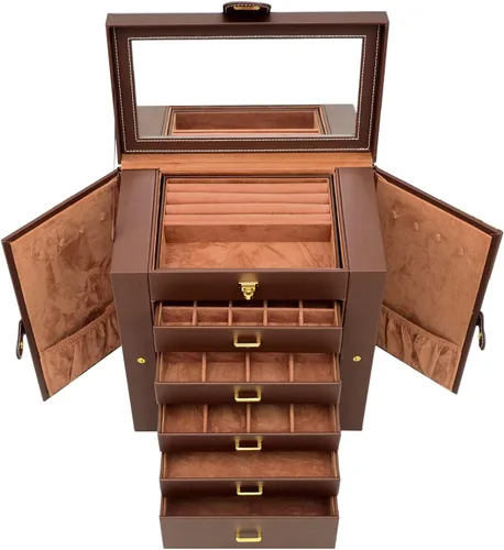 Vista 8 de AKOZLIN - Organizador de joyas grande de 6 niveles, con cerradura, funcional y enorme, con 5 cajones, de cuero, para mujeres y niñas, para anillos