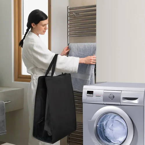 Vista 8 de Fentec Cesta colgante para la ropa sucia, cesta de lavandería colgante, bolsa delgada para ropa sucia con asas, cesta colgante portátil para Negro