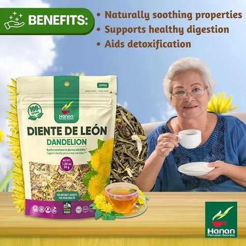 Vista 3 de Hanan Té de raíz de diente de león de hoja suelta – Té de hierbas Diente de León 100% natural de Perú, infusión sin cafeína para apoyo digestivo