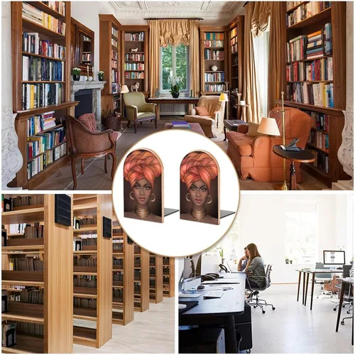 Vista 5 de Sujetalibros de madera con patrón de niña africana americana, sujetalibros decorativos, antideslizante, para libros, archivos de oficina, revista