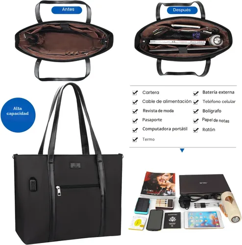 Vista 8 de Bolsa de mano para laptop de 15.6 pulgadas, maletín tipo bolsa de tamaño grande con puerto USB para mujer