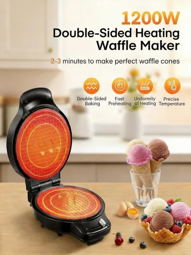 Vista 2 de FOHERE Máquina para hacer conos de gofres y fabricar tazones de helado con control de temperatura, tazón de gofre antiadherente de doble cara