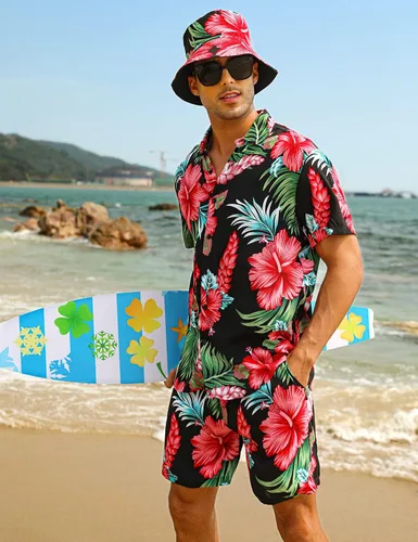 Vista 3 de EISHOPEER Conjunto hawaiano de flores para hombre, camisa de manga corta y pantalones cortos, trajes con sombreros de pescador