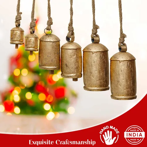 Vista 7 de AKATVA Campanas de Navidad grandes para decoración – Campanas de vaca para decoración navideña rústica – Campanas doradas para decoraciones
