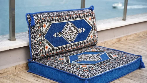 Vista 7 de Cojín de suelo turco individual – Juego de asientos tradicionales árabes Jalsa – Sofá oriental para sala de estar con almohadas de respaldo