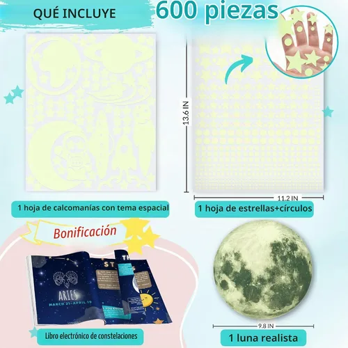 Vista 3 de LUMOSX Estrellas que brillan en la oscuridad para decoración de techo, 600 piezas con libro electrónico de constelación adicional, calcomanías
