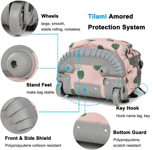 Vista 6 de Tilami Mochila con ruedas, mochila para laptop de 19 pulgadas con ruedas y lonchera, Cactus, 18 pulgadas