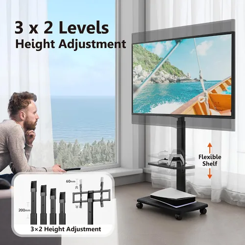 Vista 3 de FITUEYES - Soporte de TV móvil con ruedas para pantalla plana de 32 a 75 pulgadas, soporte de TV alto con soporte giratorio para dormitorio, al aire
