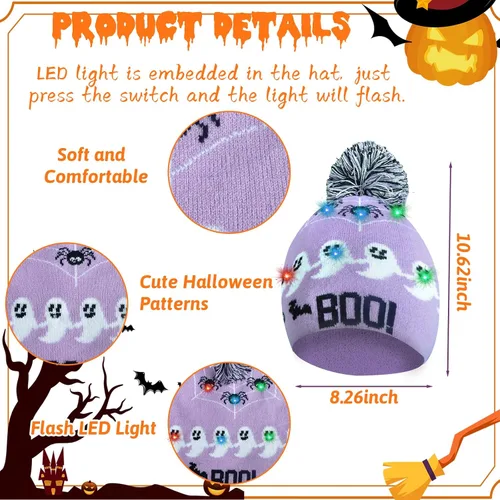 Vista 2 de 6 gorros de Halloween iluminados, sombreros LED de Halloween para hombres y mujeres, lindos gorros de calavera, sombreros de punto de calabaza