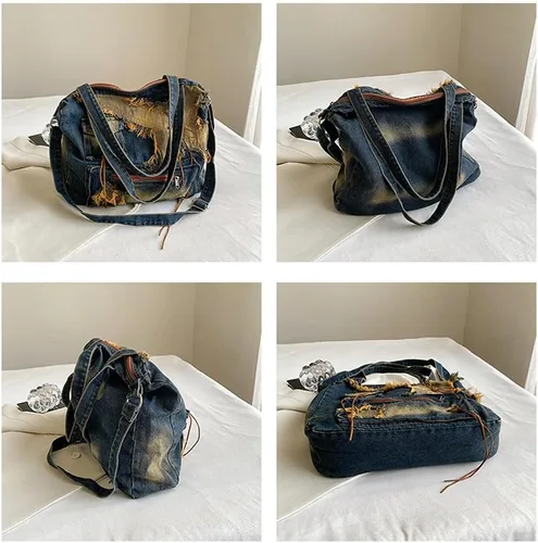 Vista 4 de Bolso de hombro vintage para mujer, bolsos cruzados femeninos grandes, bolso de mano de mezclilla desgastado