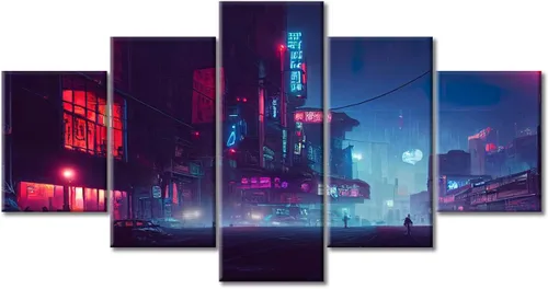 Vista 153 de Cuadros de 5 paneles de Cyberpunk City, arte de pared, representación de vallas publicitarias, edificios modernos en la capital con obras de arte