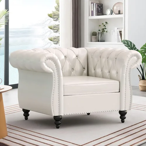 Vista 3 de Sofá grande de poliuretano, conjunto de sofá moderno, sofá clásico copetudo Chesterfield con respaldo copetudo para sala de estar (blanco 1+3)