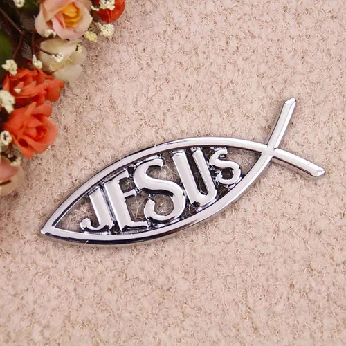 Vista 7 de MEETCUTE 2 calcomanías de pez Jesús plateadas, 3D cromadas para coche, calcomanía para emblema religioso de Dios para Jesús, símbolo de pez cristiano
