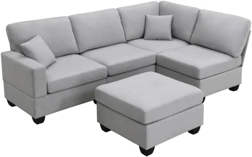 Vista 5 de Juego de sofá esquinero de tela de lino en forma de L de 89.8 x 60.2 pulgadas, sofá seccional, modular de 5 asientos con otomana convertible (E)