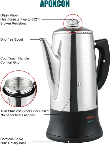 Vista 3 de APOXCON Cafetera eléctrica de acero inoxidable con dos pomos de progreso de cerveza transparentes resistentes al calor, aspecto clásico, mantiene