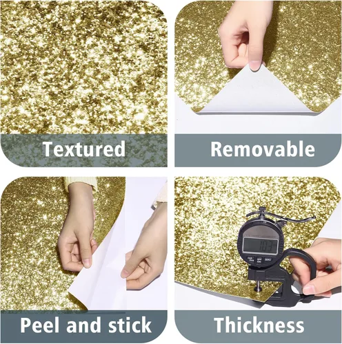 Vista 2 de Papel adhesivo con purpurina dorada para paredes, papel tapiz autoadhesivo con purpurina brillante, papel tapiz decorativo dorado para dormitorio