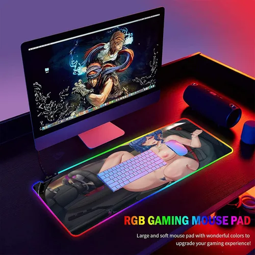 Vista 5 de Anime Girl - Alfombrilla de mouse sexy para computadora de juegos RGB grande gamer XXL, alfombra grande LED de PC con pechos retroiluminados, pecho