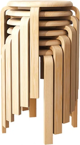 Vista 8 de Juego de 6 taburetes apilables de madera curvada, modernos taburetes de bar curvos con almohadillas anslizantes, redondos de madera para cocina