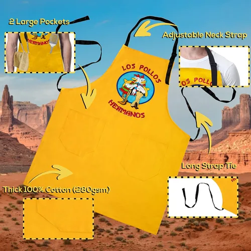Vista 2 de CSM Supply Los Pollos Hermanos - Delantal amarillo – 100% algodón – 2 bolsillos grandes – correa ajustable negra – Bad – Breaking