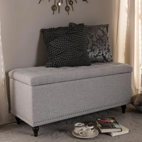 Vista 2 de Baxton Studio Sherrill - Banco otomano tapizado de tela beige grisáceo con botones
