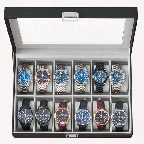 Vista 9 de Hzuaneri Caja de reloj, regalos de Navidad, caja de reloj de 12 ranuras con tapa de vidrio grande, almohadas de reloj extraíbles, organizador