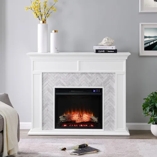 Vista 5 de SEI Furniture Torlington - Chimenea eléctrica con azulejos, blanco, mármol gris, 15 pulgadas de profundidad x 50 pulgadas de ancho x 39 pulgadas