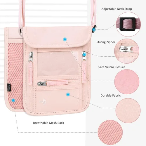 Vista 4 de WALNEW Cartera de viaje para pasaporte para mujeres y hombres, bloqueo RFID, cartera delgada de viaje con correa de cordón para el cuello