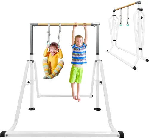 Vista 19 de GLANT Barra de gimnasia para niños con juego de anillos, 7 alturas ajustables, fácil de plegar, barra de entrenamiento de gimnasia para niños