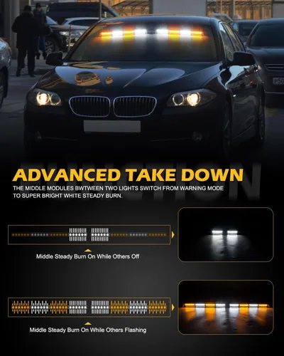 Vista 4 de HLauto Luces Estroboscópicas de Emergencia para Tablero 604N: 2x16.8 pulgadas Luz de Seguridad Ámbar Blanca con Take Down, Barra de Luz