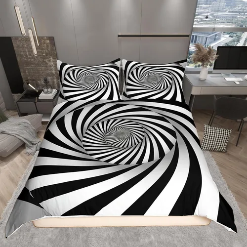 Vista 11 de Castle Fairy Funda de edredón de cuadrícula negra y blanca para niños, niñas, funda de edredón de abstracción visual, tamaño matrimonial, juego