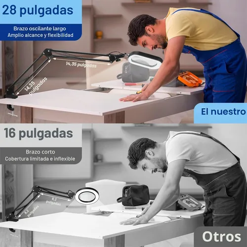 Vista 2 de Lupa rectangular de 10X con luz y abrazadera, 5 modos de color atenuables sin escalones, lupa iluminada con soporte manos libres, lámpara