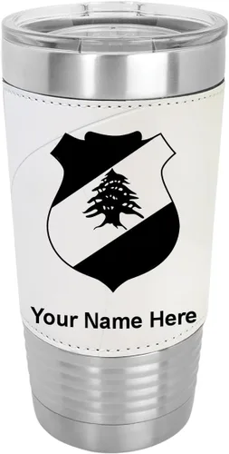 Vista 22 de LaserGram 20oz Vacuum Insulated Tumbler Mug, Coat of Arms Lebanon, Personalized Engraving Included (Faux Leather, Baseball Style)