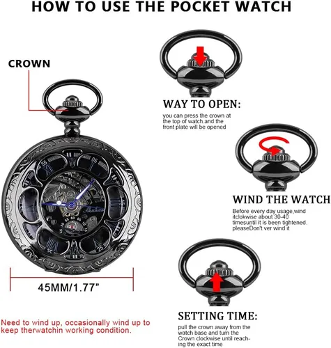 Vista 7 de Reloj de bolsillo mecánico para hombre, esfera de número romano, diseño de fase lunar MW104