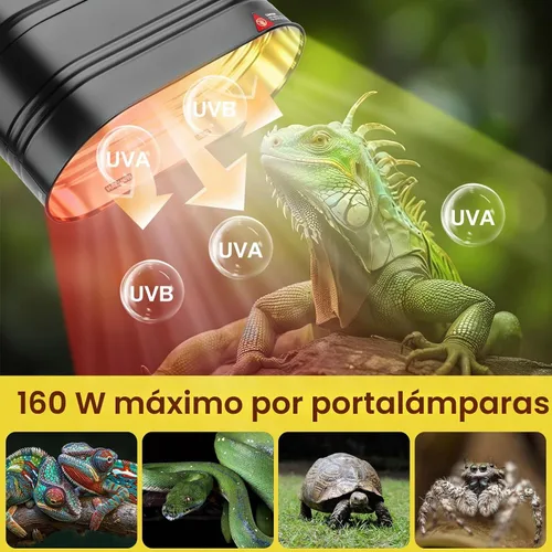 Vista 4 de MIXJOY Lámpara de reptil doble, máximo 160 W cada lámpara de calor con interruptores separados, se adapta a luz de reptil/lámpara de calor/luz UVB