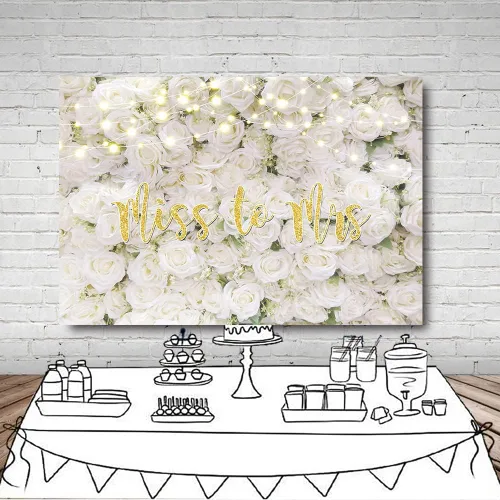 Vista 4 de MEHOFOND Telón de fondo de Miss to Mrs de 7 x 5 pies para despedida de soltera, decoración de pared floral blanca, boda, novia, compromiso