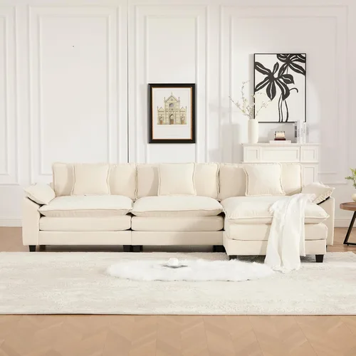 Vista 3 de Sofá seccional modular beige de 117.3", sofás seccionales grandes de 3 plazas para sala de estar, sofá nube oversized de tela chenille con otomana