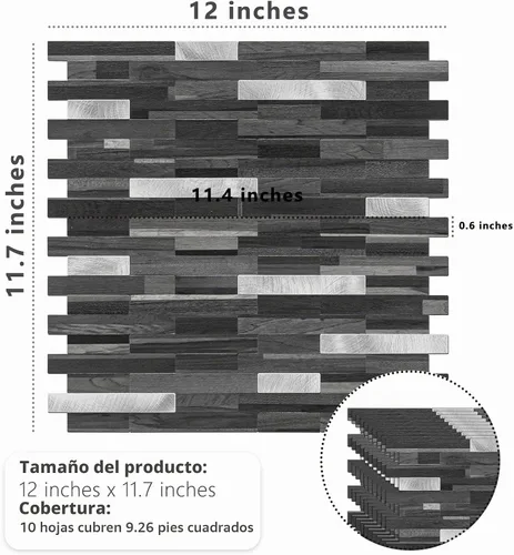 Vista 6 de STICKGOO Azulejo de protección contra salpicaduras para despegar y pegar, para cocina y baño, aspecto de madera negra y gris, PVC, mezcla de metal